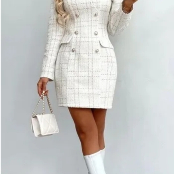 Shein White Plaid & Gold Button Detail Tweed Dress - Picture 7 of 8